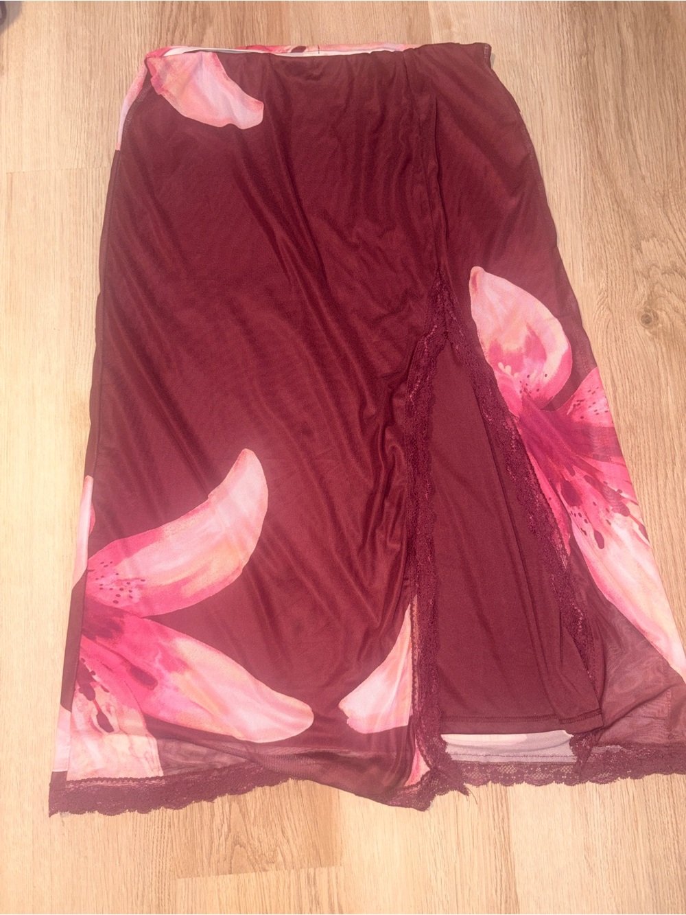 Derek Heart Burgundy Floral Swim Coverup Skirt with Pink Accents